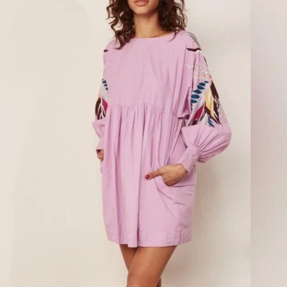 Free People Long Sleeve Lilac Dress w Tropical Embroidered Sleeves
